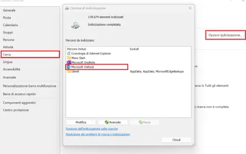 Finestra "Opzioni di indicizzazione" per attivare indicizzazione Windows 11. Selezionato "Microsoft Outlook" tra i percorsi inclusi.