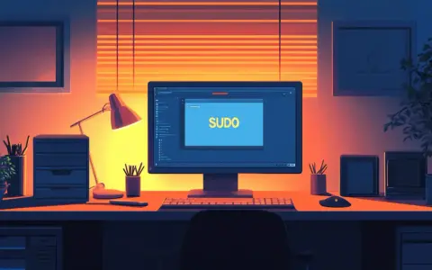 Scrivania illuminata da una lampada, con un monitor che mostra "SUDO", simbolo di accesso ai permessi di root.