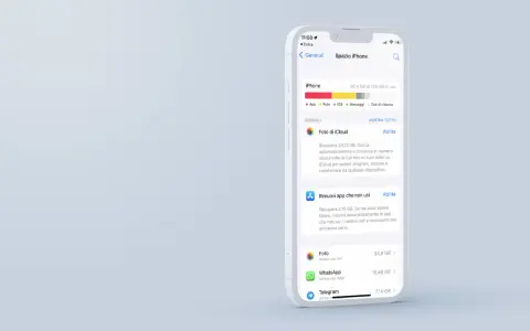 Gestione spazio iPhone: 90,4 GB usati. Suggerimenti per liberare memoria, come Foto di iCloud e rimozione app non usate.