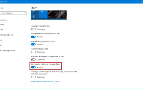 Impostazioni del menu di avvio di Windows 10, con l'opzione "Usa modalità a schermo intero per Start" attivata.