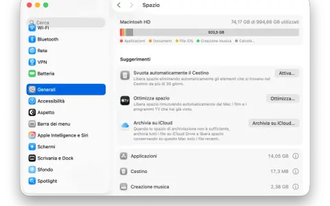 Schermata di macOS che mostra come liberare spazio su iCloud e sul Mac, con suggerimenti per ottimizzare lo spazio e archiviare file.