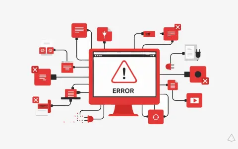 Schermo con "ERROR" e triangolo di avviso, circondato da icone rosse e grigie collegate, che illustrano il buggare significato nel mondo digitale.