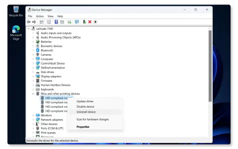 Gestione dispositivi: il tasto destro del mouse non funziona. Opzione "Disinstalla dispositivo" selezionata per un driver HID.