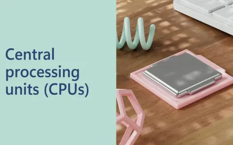 Unità di elaborazione centrale (CPU) su un tavolo di legno, con testo "Central processing units (CPUs)". Ideale per chi cerca CPU compatibili Windows 11.