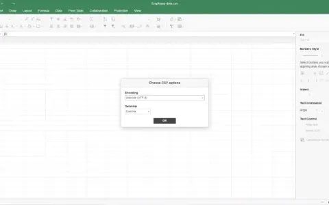 Finestra di dialogo per scegliere le opzioni di codifica e delimitatore per aprire file CSV.