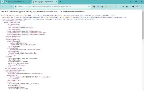 Visualizzazione struttura di un file XML per l'apertura di una fattura elettronica. Contiene dati del mittente, destinatario e dettagli fiscali.
