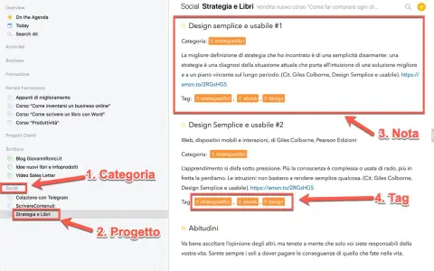 Appunti sul cellulare organizzati per categoria e progetto, con note e tag su "Strategia e Libri".