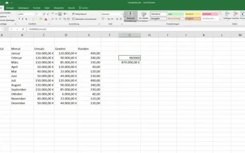 Foglio di calcolo Excel con dati di fatturato mensile e trimestrale. La casella nome "G5" mostra la formula "=SUMME(Umsatz)".