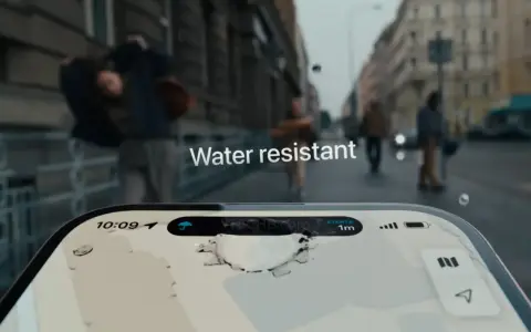 L'iPhone 15 è waterproof. La pioggia cade sulla strada mentre le persone camminano, ma il telefono rimane protetto.