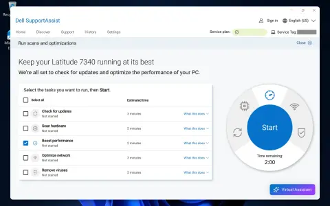 Ottimizzazione prestazioni PC con Dell SupportAssist. Seleziona "Boost performance" per aumentare memoria virtuale e fluidità.
