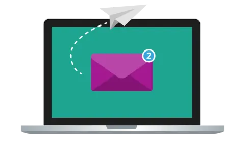 Un aereo di carta vola verso un laptop con una busta viola e un numero "2", illustrando che cos'è la posta elettronica.