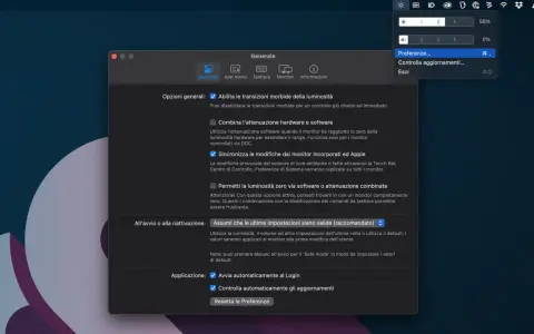 Impostazioni di sistema per come regolare la luminosità dello schermo. Opzioni generali per le transizioni morbide e sincronizzazione monitor.