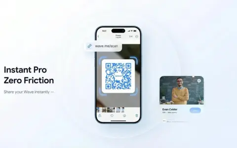 Come leggere QR code: un telefono inquadra un QR code Wave per condividere istantaneamente un contatto.
