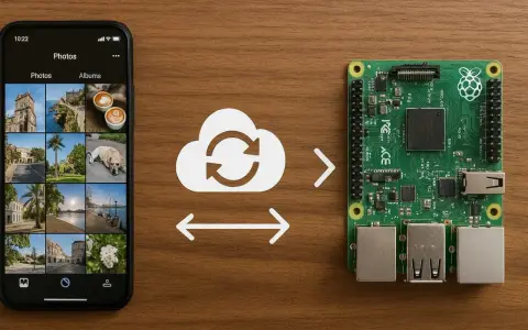 Smartphone con foto e scheda Raspberry Pi, con un'icona cloud che simboleggia la sincronizzazione, ideale per progetti raspberry android.