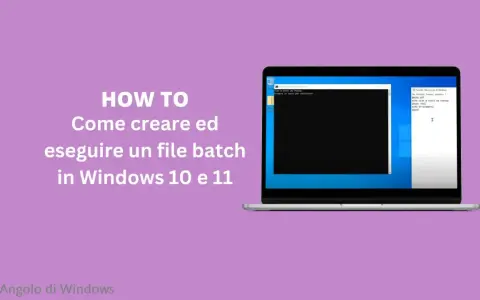 Guida per creare file batch in Windows 10/11. Mostra un laptop con prompt dei comandi e un editor di testo aperto.