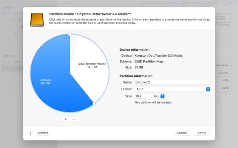 Finestra di Utilità Disco per creare partizione su un drive Kingston. Mostra un grafico a torta con due sezioni e dettagli per la nuova partizione.
