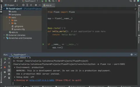 Un esempio di codice Python per un flask tutorial, con l'IDE PyCharm che mostra il file app.py e il terminale di esecuzione.