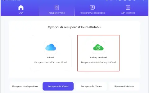 Interfaccia software per la modalità recupero iPhone, con opzioni per recuperare dati da iCloud o backup iCloud.