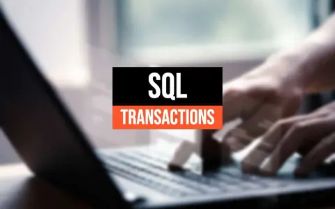 Mani che digitano su un laptop, con il testo "SQL TRANSACTIONS" sovrapposto.