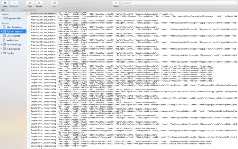 Un registro di sistema mostra dettagli su processi e attività del computer, con messaggi che indicano la durata e il tipo di operazioni.