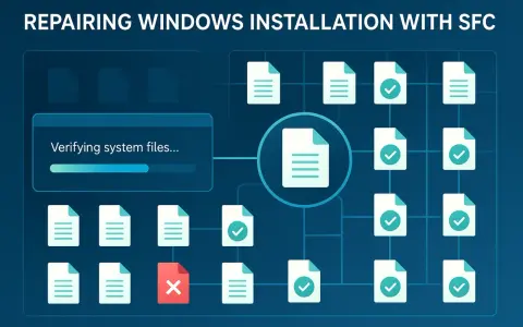 Verifica file di sistema con comando scannow. Icone di file con spunte verdi, una rossa con X.