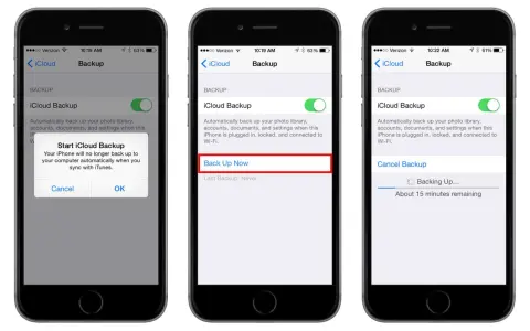 Schermate iPhone mostrano come fare il backup su iCloud. Tocca "Esegui backup adesso" per avviare il processo.