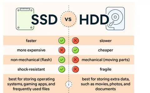 Confronto tra SSD e HDD: che cos'è l'hard disk? L'SSD è più veloce, non meccanico e resistente agli urti, ideale per sistemi operativi. L'HDD è più lento, economico e fragile, ottimo per archiviare dati.
