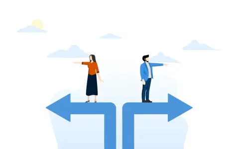 Uomo e donna su frecce separate, ognuno indica una direzione. Simboleggia la differenza tra SQL e MySQL, due percorsi distinti.