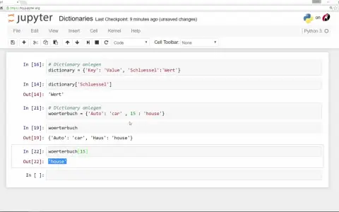 Esempio di codice Python che mostra la creazione e l'uso di un dizionario, con chiavi e valori in italiano e tedesco.