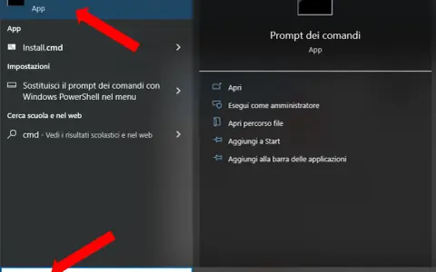 Menu Start per aprire cmd. Cerca "cmd" per trovare il prompt dei comandi e le opzioni per aprirlo.