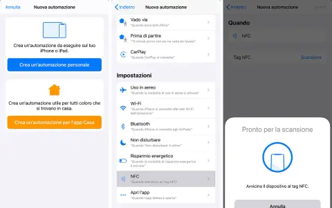 Configurazione automazione iPhone: seleziona NFC per creare un'azione rapida con un tag.