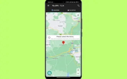 Schermata dell'app Fly GPS con una mappa e un popup che chiede "Please select the menu" per mostrare come inviare la posizione.