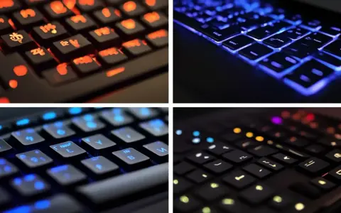 Tastiere illuminate con colori vivaci: rosso, blu e giallo. Le stellette sulle tastiere brillano, creando un'atmosfera futuristica.