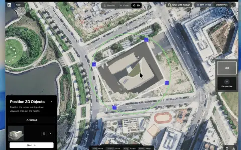 Interfaccia per posizionare un file obj 3D su una mappa aerea, con strumenti di manipolazione visibili.