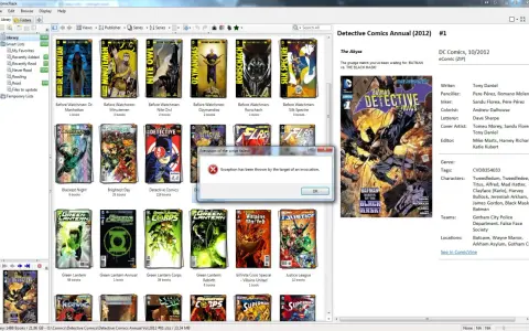 Errore nell'esecuzione dello script: "Exception has been thrown by the target of an invocation." Visualizzato su ComicRack, con copertine di fumetti come Detective Comics.