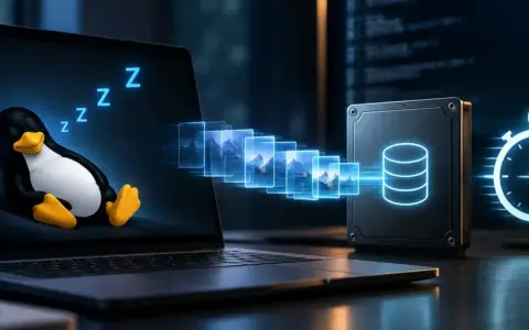 Tux, il pinguino Linux, dorme profondamente mentre i dati vengono trasferiti su un disco esterno. Sto eseguendo l'ibernazione del sistema per un rapido ripristino.