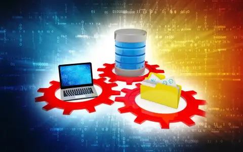 Un laptop, un database e una cartella su ingranaggi rossi, con codice binario sullo sfondo. Simboleggia la gestione dei dati e il ruolo di sql server agent.