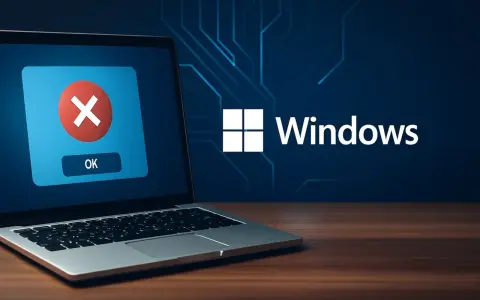 Laptop con errore di sistema Windows 10. Icona rossa con X e pulsante OK. Ripristino file di sistema necessario.