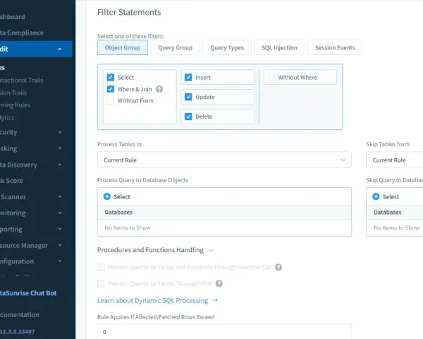 Configurazione di filtri per query SQL: selezione di tipi di elaborazione (SELECT, INSERT, UPDATE, DELETE) e gestione di tabelle e oggetti database.