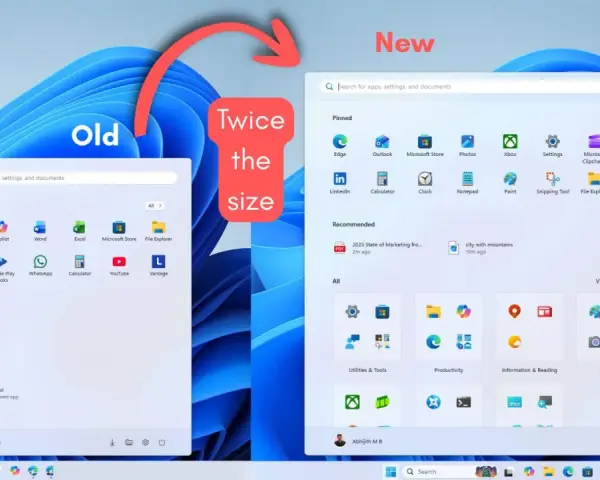 Il menu Start di Windows 11 è il doppio delle dimensioni di quello di Windows 10, con un layout più ampio e organizzato.