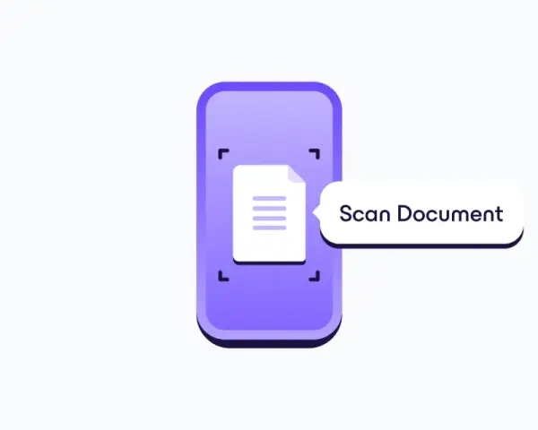 Icona stilizzata di uno smartphone viola con un documento e la scritta "Scan Document". Utile per la scansione documenti iPhone.