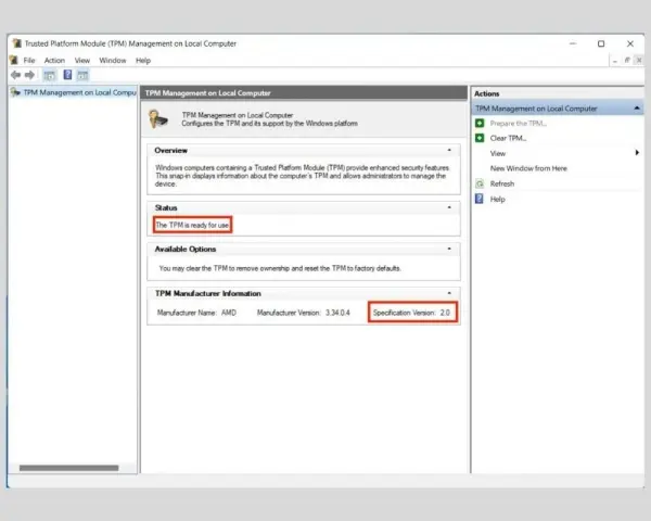 Schermata di gestione TPM: "The TPM is ready for use" e versione 2.0. Utile per abilitare TPM 2.0 nel PC.