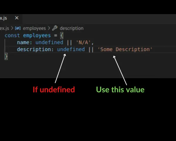 Codice JavaScript che mostra l'uso dell'operatore ternario per assegnare un valore di default se la variabile è undefined.