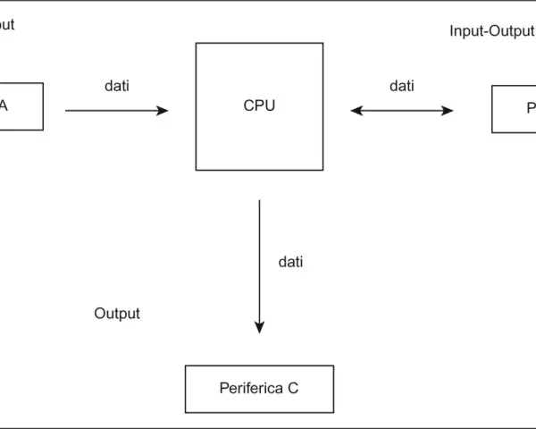 Schema che illustra cosa significa input: Periferica A invia dati alla CPU. La CPU comunica con Periferica B (input-output) e invia dati a Periferica C (output).