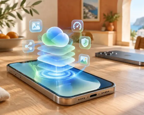 Un iPhone mostra un'interfaccia con icone di app e una nuvola digitale, simboleggiando la connettività e le funzionalità di iOS 27.