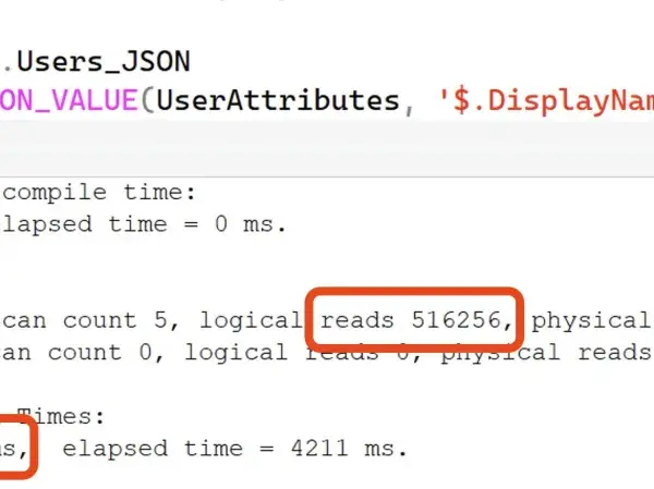 Query SQL Server per trovare utenti con nome 'Brent Ozar' in un campo JSON. La query ha richiesto 516256 letture logiche.