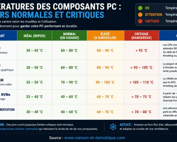 Grafico che mostra le temperature normali e critiche dei componenti del PC: CPU, GPU, VRAM, SSD, PSU. Monitorare la temperatura pc è fondamentale.