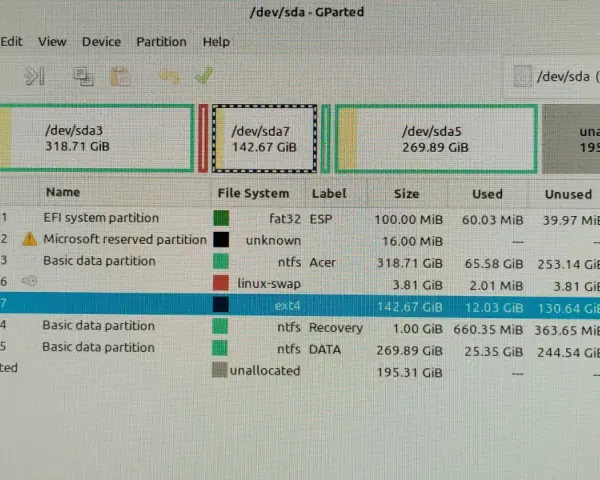 Schermata di GParted che mostra partizioni per dual boot Windows 10 e Ubuntu, con una partizione ext4 per Linux.