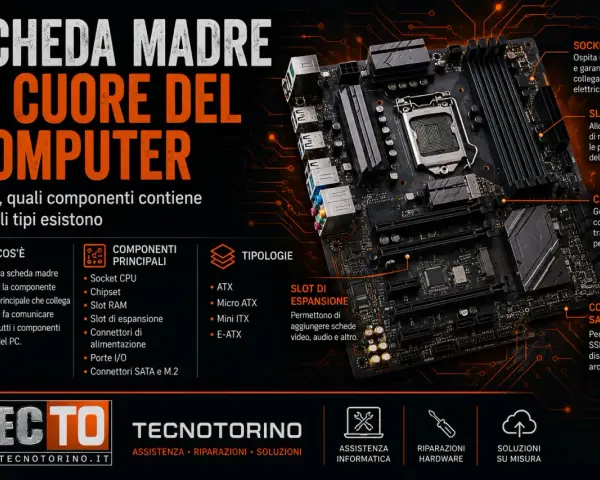La scheda madre, il cuore del computer, collega tutti i componenti. L'immagine mostra i suoi elementi: CPU, RAM, Chipset e connettori.