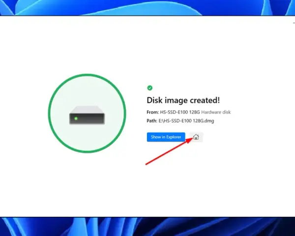 Immagine disco creata con successo. Il percorso del file DMG è visibile, pronto per essere salvato o utilizzato per formattare un disco.